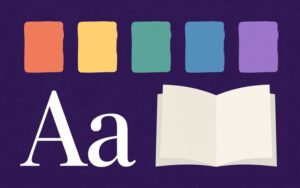 Palette di colori, lettere Aa e manuale aperto su sfondo viola: gli elementi di una brand identity coerente