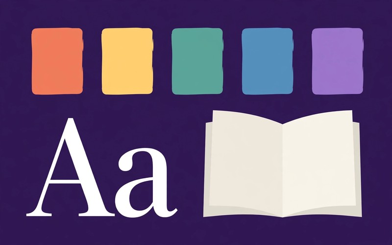 Palette di colori, lettere Aa e manuale aperto su sfondo viola: gli elementi di una brand identity coerente