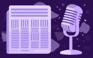 Giornale stilizzato e microfono su sfondo viola scuro: un comunicato stampa fatto per essere pubblicato
