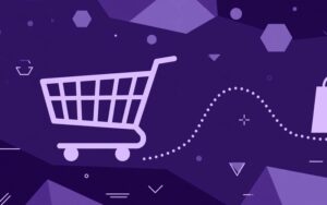 Carrello della spesa vuoto e borsa con percorso tratteggiato su sfondo viola: il carrello abbandonato di un e-commerce