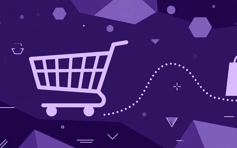 Carrello della spesa vuoto e borsa con percorso tratteggiato su sfondo viola: il carrello abbandonato di un e-commerce