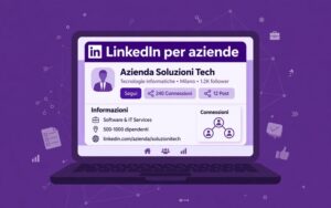 Profilo aziendale LinkedIn stilizzato su sfondo viola brand MDB: la piattaforma dove le aziende B2B trovano clienti