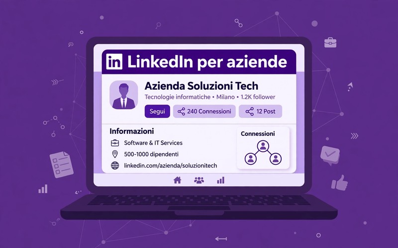 Profilo aziendale LinkedIn stilizzato su sfondo viola brand MDB: la piattaforma dove le aziende B2B trovano clienti