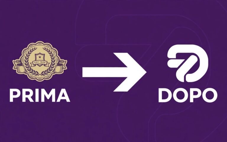 Vecchio logo dorato e nuovo logo bianco su sfondo viola, con freccia e scritte prima e dopo: il rebranding spiegato con un prima e dopo