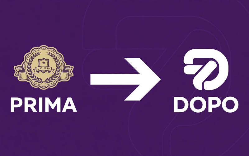 Vecchio logo dorato e nuovo logo bianco su sfondo viola, con freccia e scritte prima e dopo: il rebranding spiegato con un prima e dopo