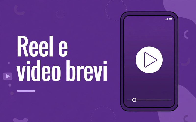 Pulsante play su smartphone, sfondo viola brand MDB: formato e metriche dei video brevi per le aziende