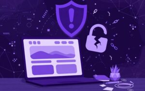 Laptop con sito web, scudo di avviso viola e lucchetto spezzato: i rischi di sicurezza di un sito creato con l'IA senza un professionista