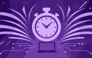 Cronometro viola chiaro su sfondo viola scuro con linee di movimento: la velocità del sito web misurata con i Core Web Vitals