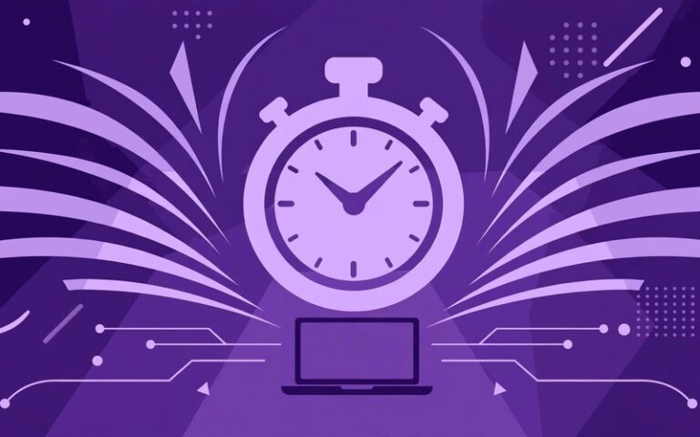 Cronometro viola chiaro su sfondo viola scuro con linee di movimento: la velocità del sito web misurata con i Core Web Vitals