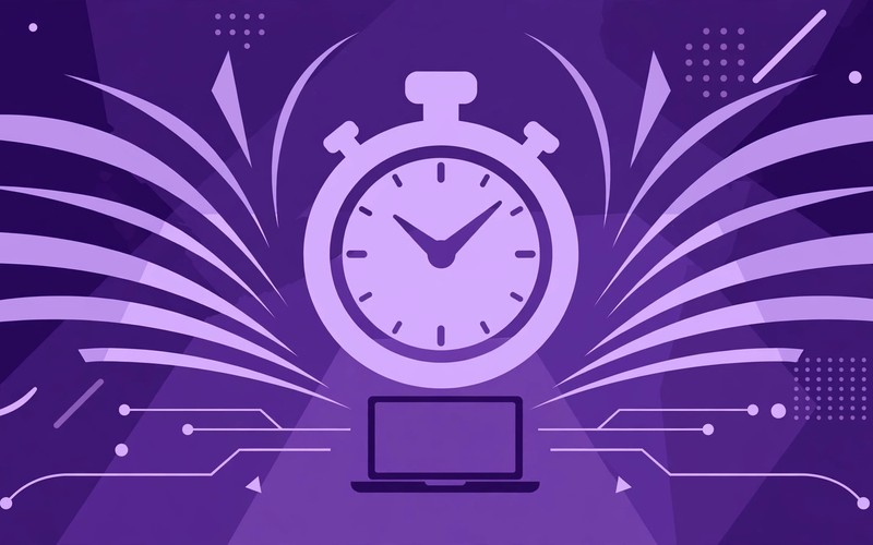 Cronometro viola chiaro su sfondo viola scuro con linee di movimento: la velocità del sito web misurata con i Core Web Vitals