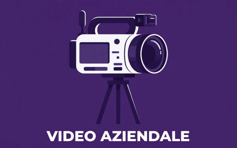 Videocamera professionale su treppiede su sfondo viola: la produzione di un video aziendale professionale