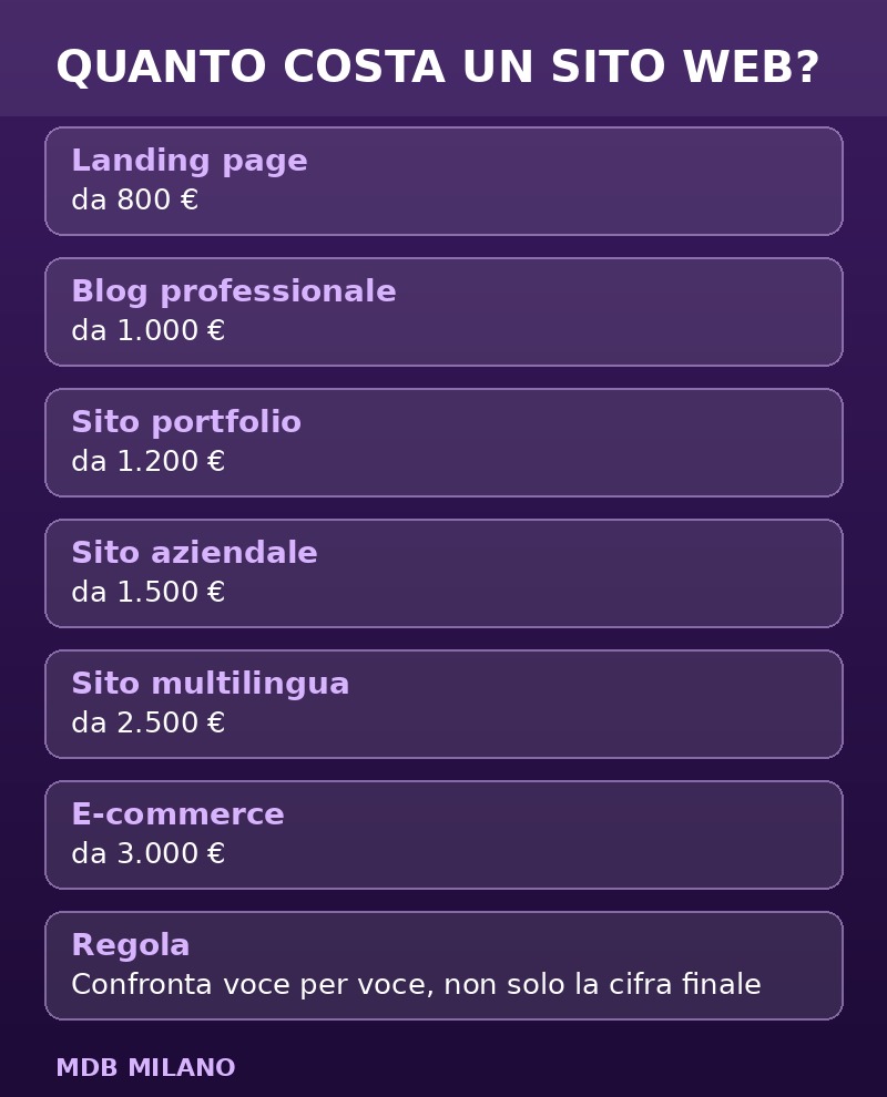 Infografica con i prezzi di partenza dei siti web su sfondo viola: quanto costa un sito web professionale